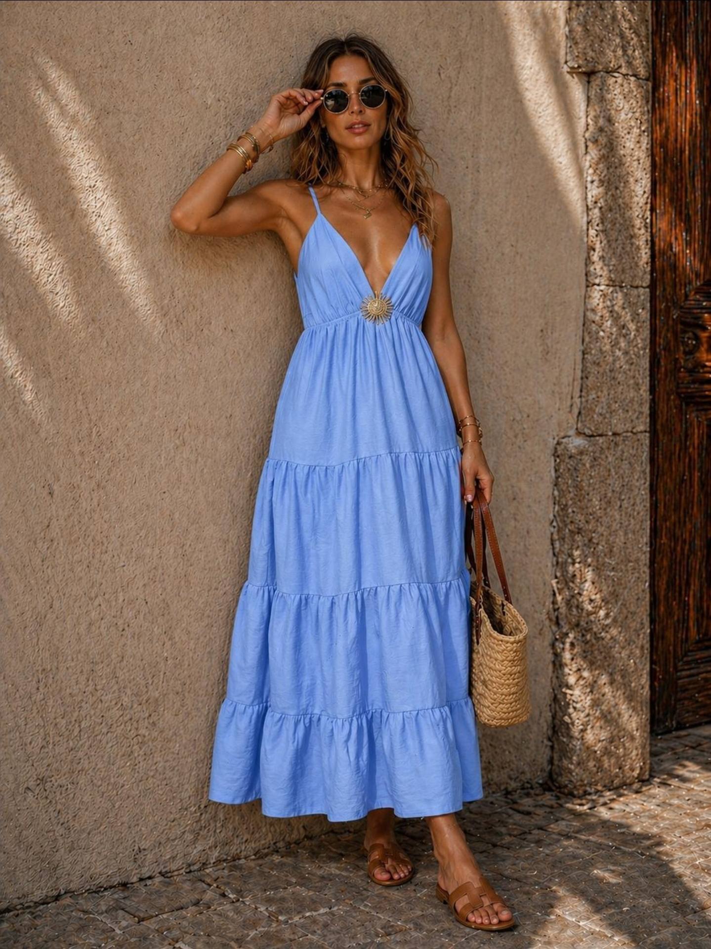 Blue Maxi V-neck Tiered Dress Central Sun-shape Jewel