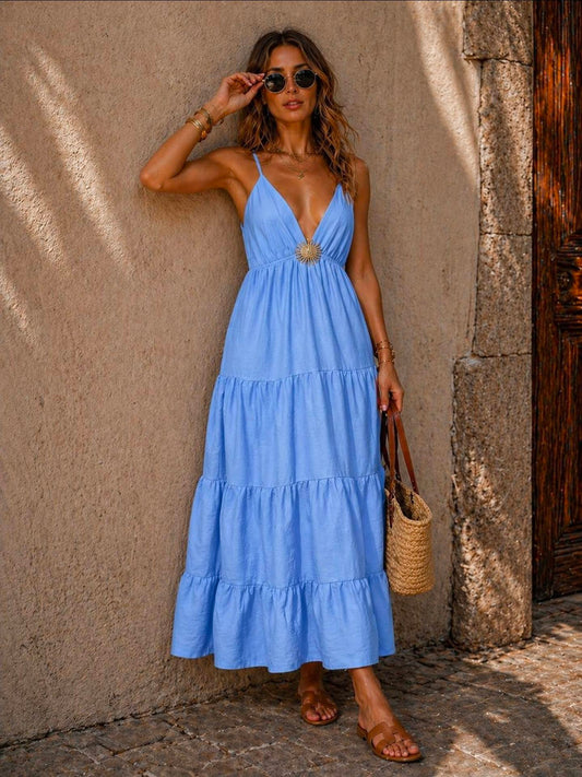 Blue Maxi V-neck Tiered Dress Central Sun-shape Jewel